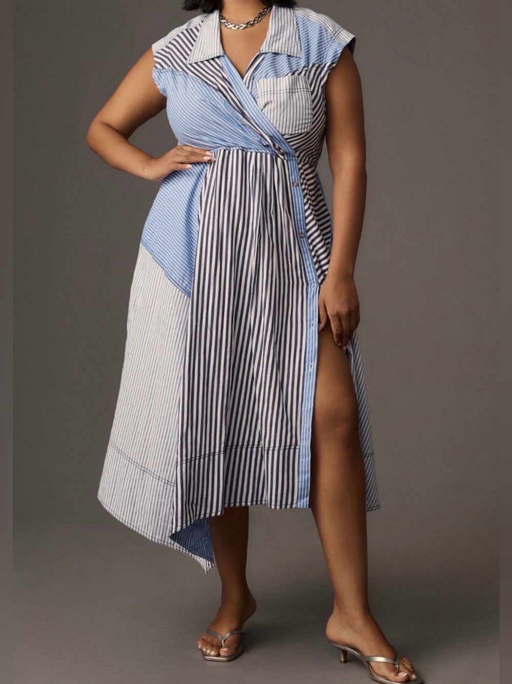 Pilcro Blue & White Asymmetrical Striped Wrap Dress